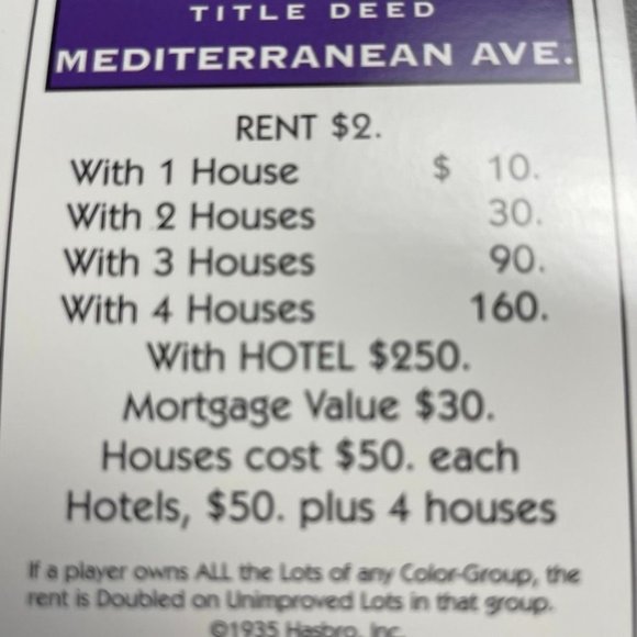 Monopoly Classic Mediterranean Ave Property Title Deed Card Replacement u - Picture 2 of 3